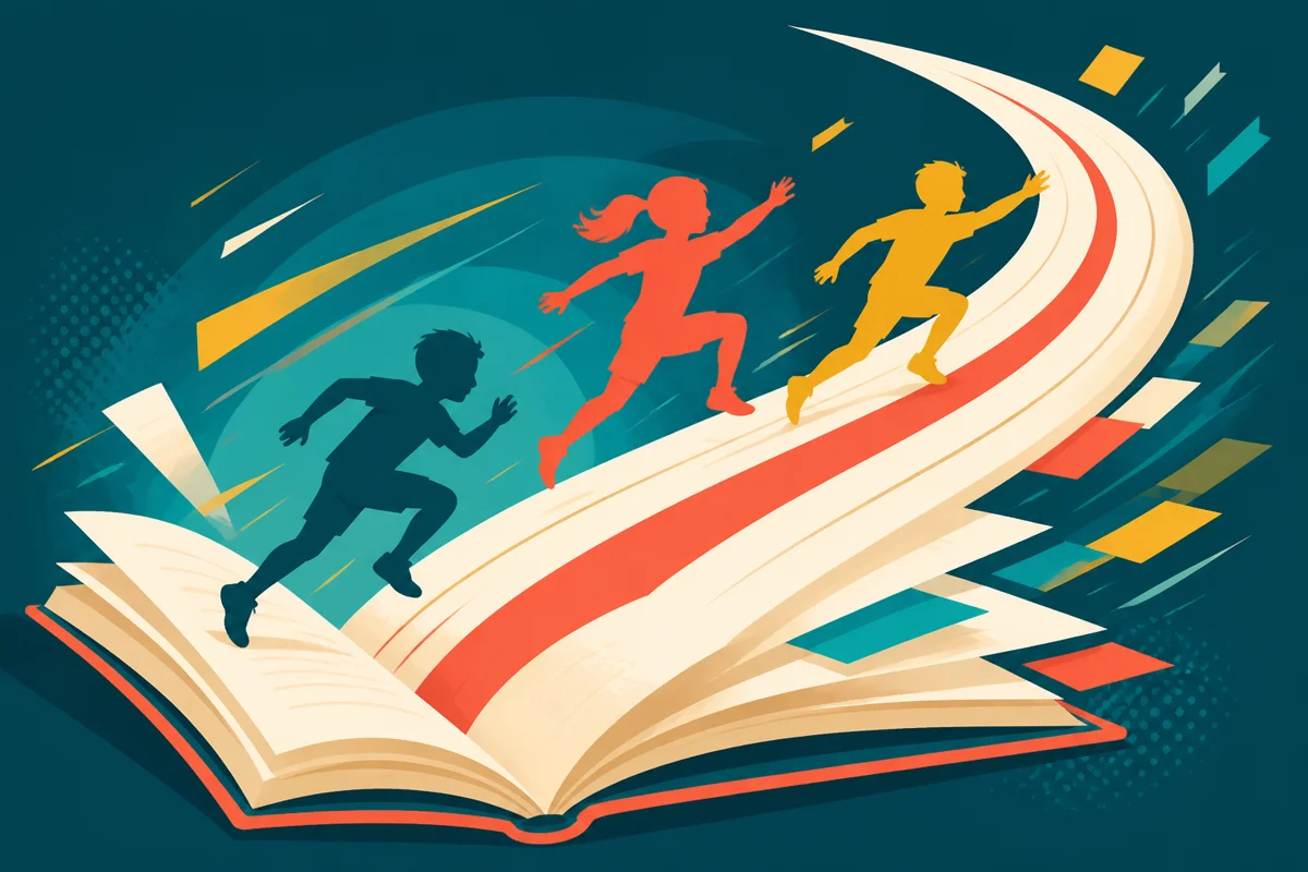 Illustration of a Reader running from an open book toward an outdoor adventure